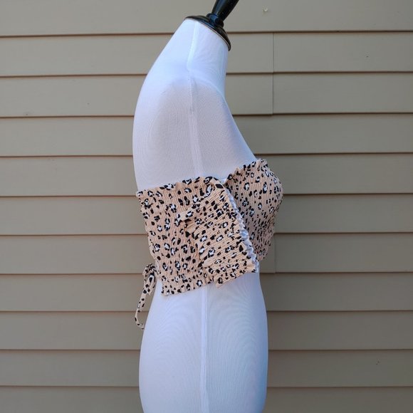 Xhilaration Animal Print Bikini Top Tan Smocked Off-Shoulder Lace-Up NWT - Picture 9 of 13